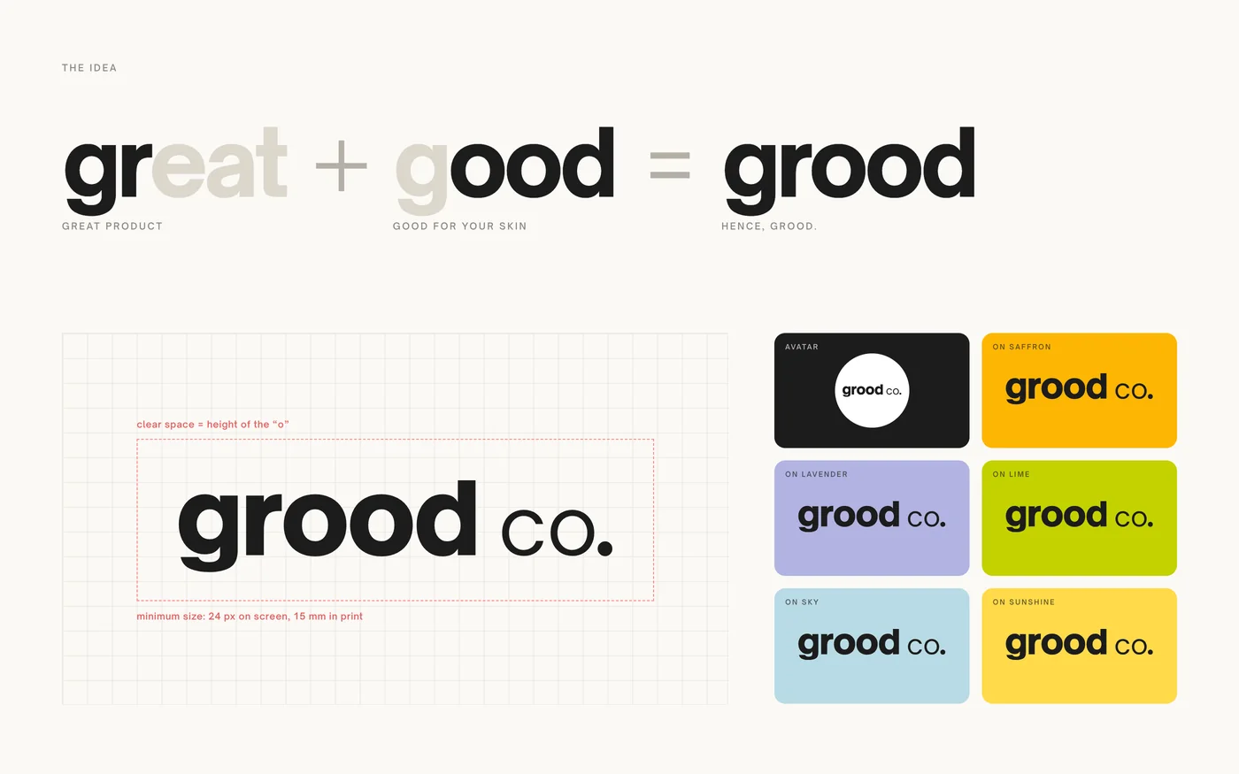 How great and good combine into grood, with logo clear space and colour versions